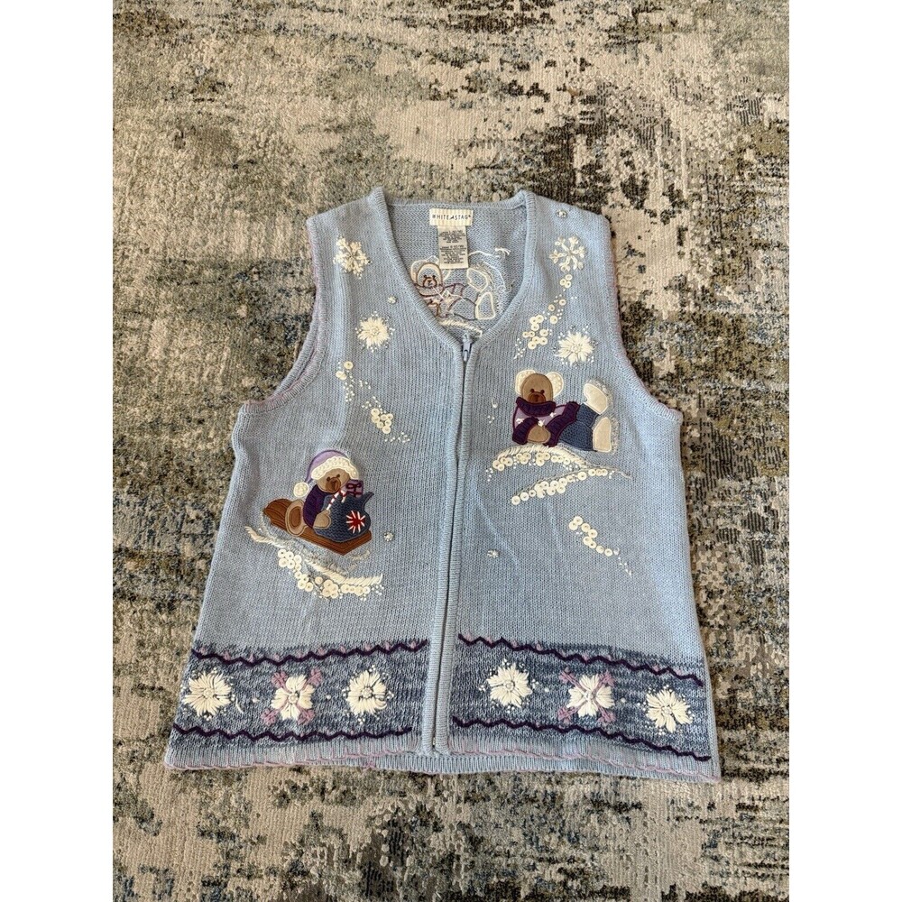 VTG White Stag Sweater Vest Womens L Ugly Christmas Winter Skating Teddy Bears